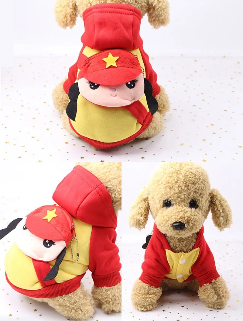 Cute Cartoon Girl Soldier Pocket Warm Fleece Lining Hoodie For Dogs