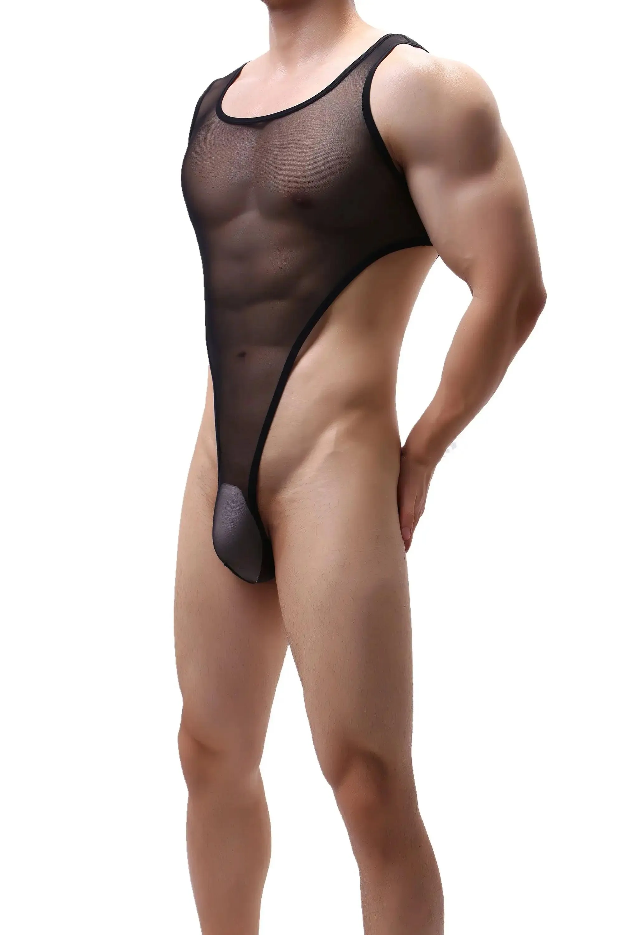 DomiGe Men's Seductive Black Mesh Bodysuit Thong