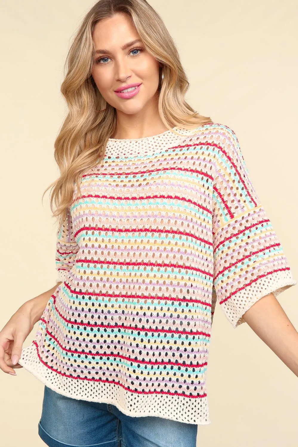 DOORBUSTER: Multi Stripe Crochet Sweater Top - Rainbow