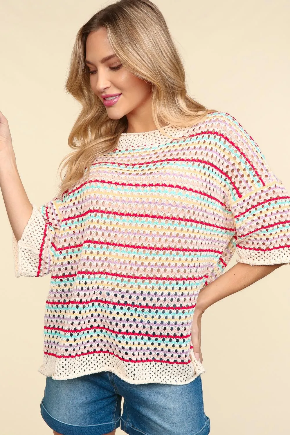 DOORBUSTER: Multi Stripe Crochet Sweater Top - Rainbow