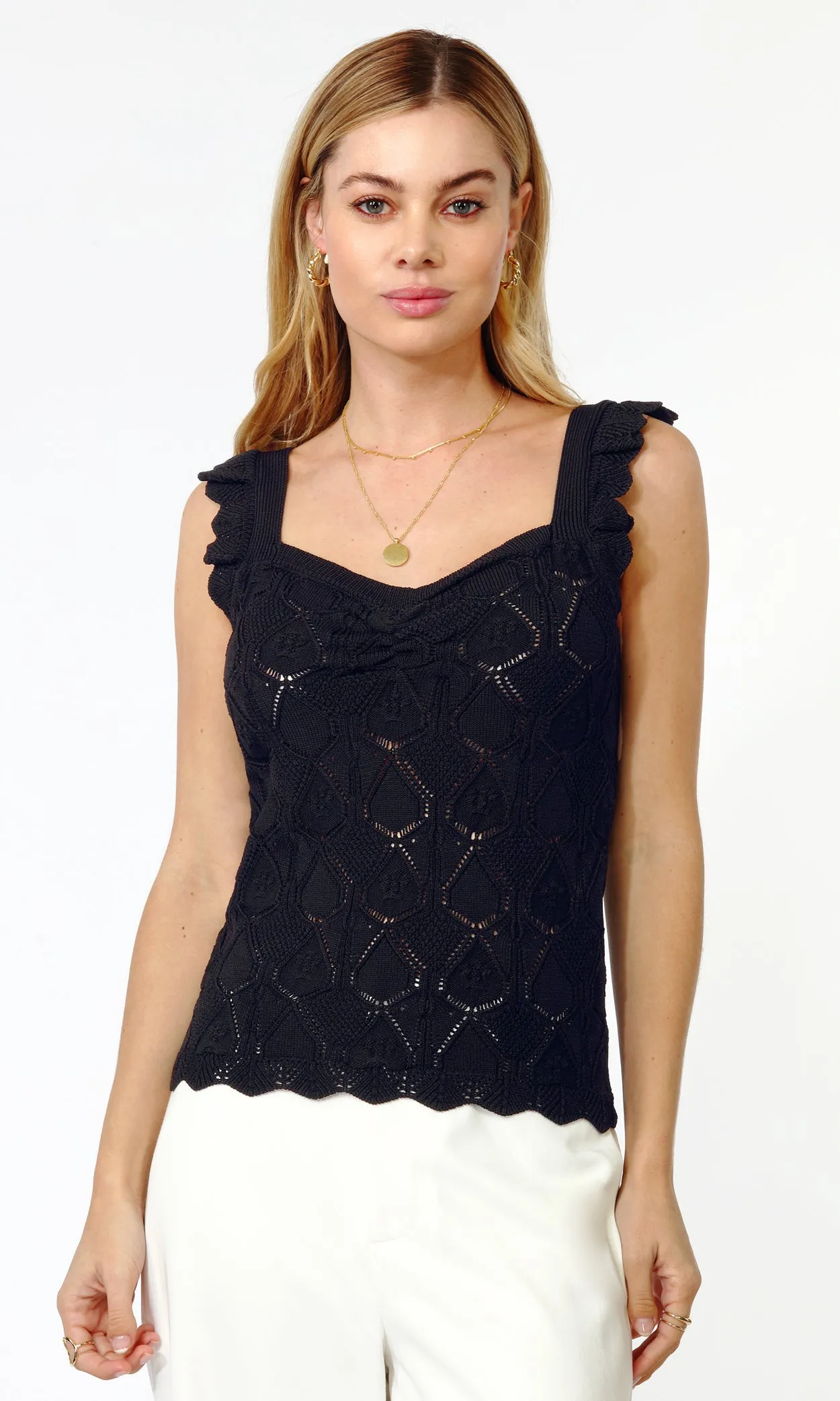 Dory Pointelle Ruffled Strap Knit Top