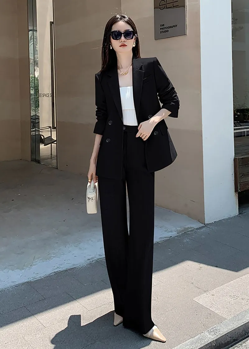 Double Breasted Blazer Wide Pants Suit Two-Piece Set