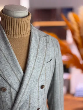 DOUBLE BREASTED SUIT ALPACA - GREY WITH CAMEL STRIPES