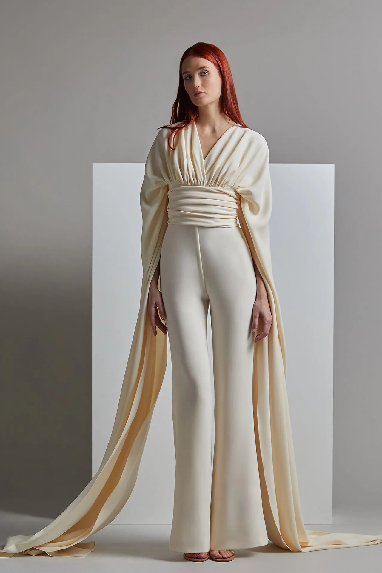 Draped Top with Cape Sleeves and Flared Pants