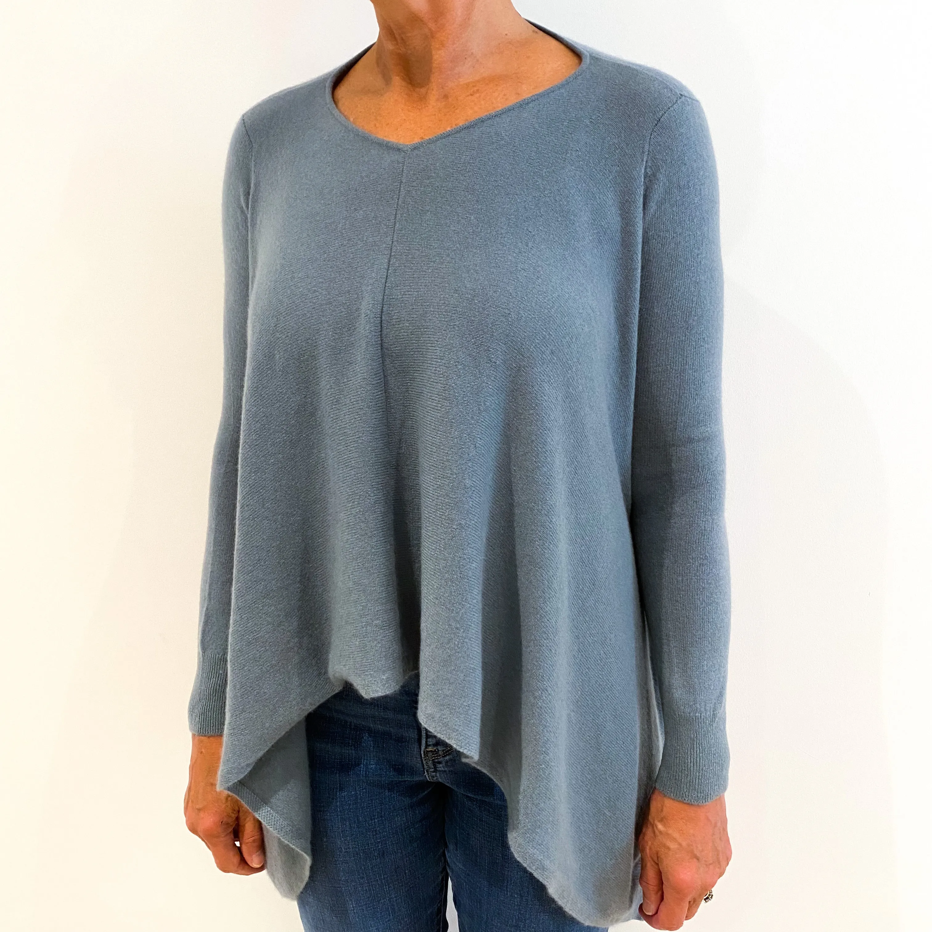 Duck Egg Blue Slouchy Dropped Hem Cashmere V-Neck Jumper Medium