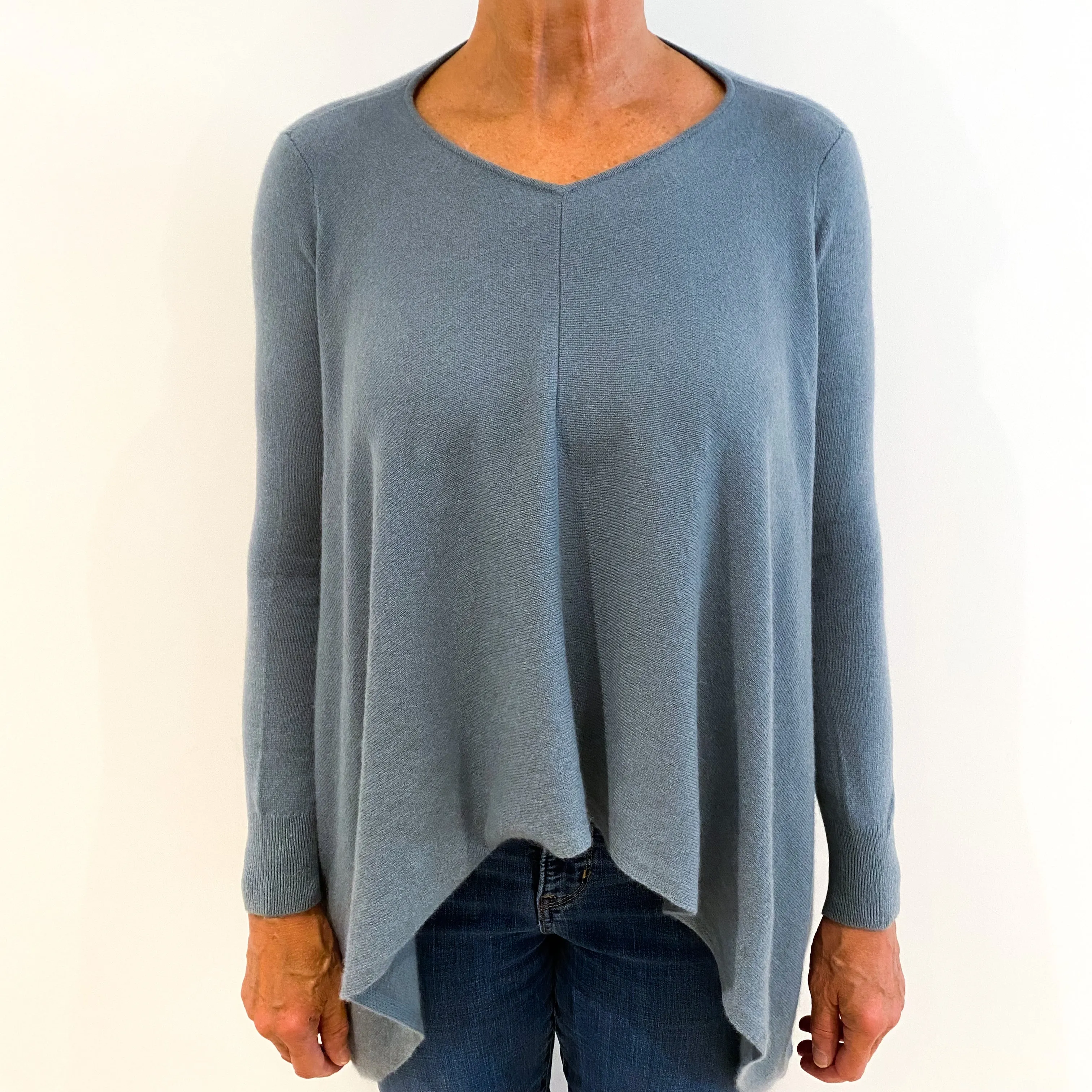 Duck Egg Blue Slouchy Dropped Hem Cashmere V-Neck Jumper Medium