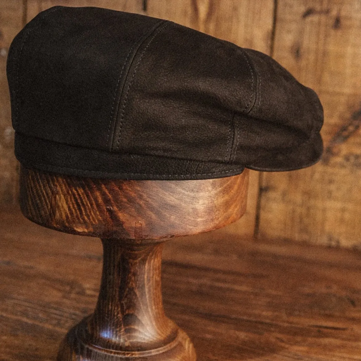 Eight Piece Leather Newsboy Cap-Brown