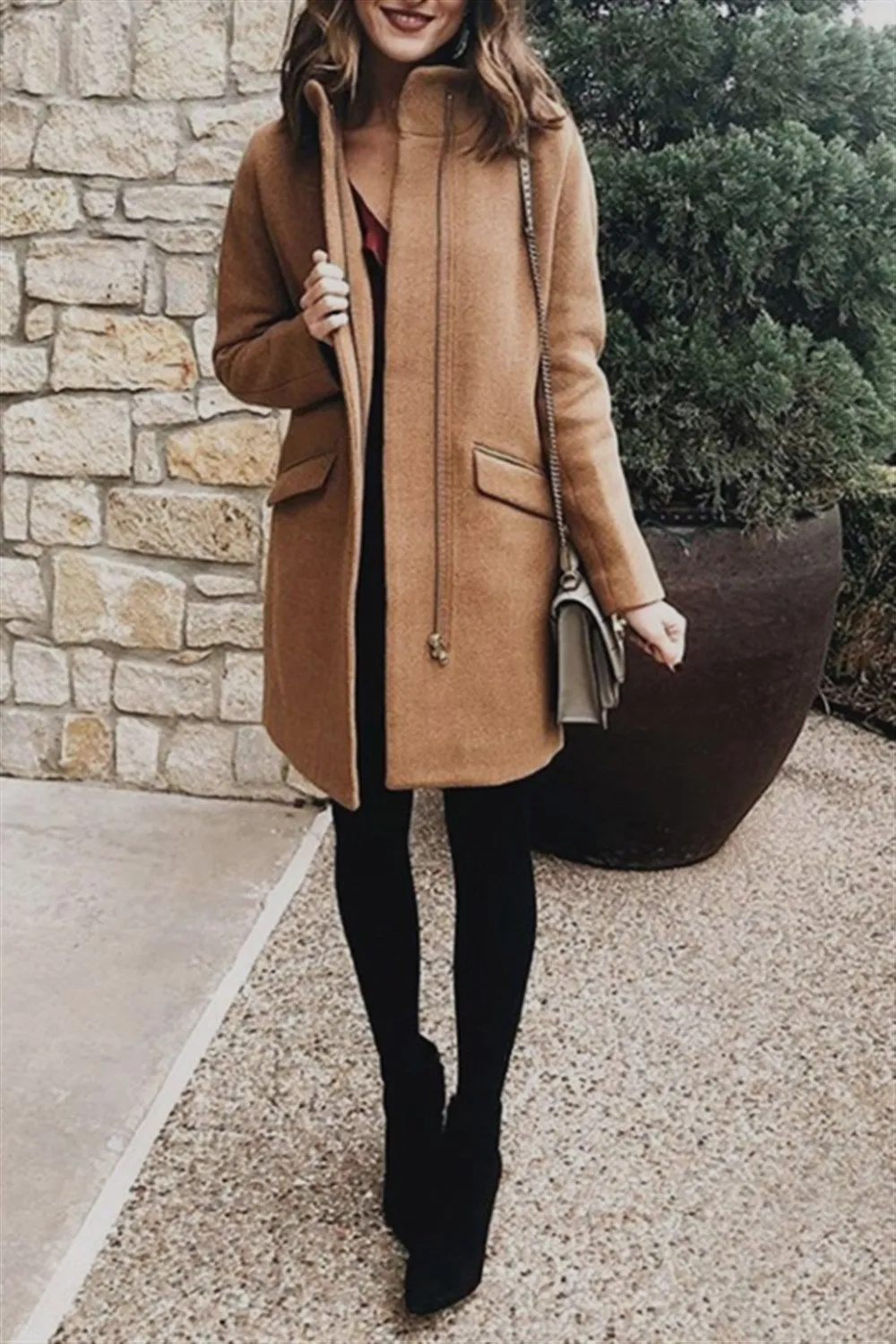 elveswallet Elegant Double Pockets Zipper Coat