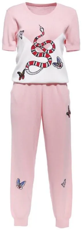 Embroidered Butterfly & Snake Knit Top & Pant Set in Pink & White