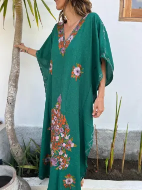 Embroidered Caftan (Free Size) GREEN