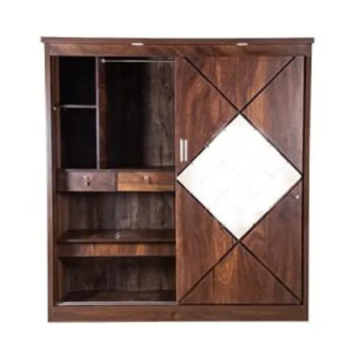 Engineered Wood Walnut Sliding Door Wardrobe with Full Mirror with LED Lights