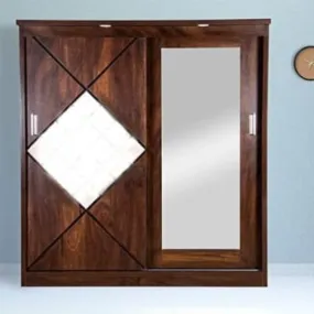 Engineered Wood Walnut Sliding Door Wardrobe with Full Mirror with LED Lights