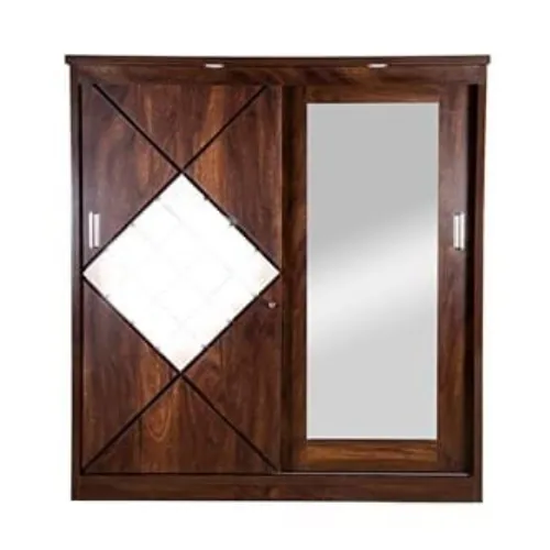 Engineered Wood Walnut Sliding Door Wardrobe with Full Mirror with LED Lights