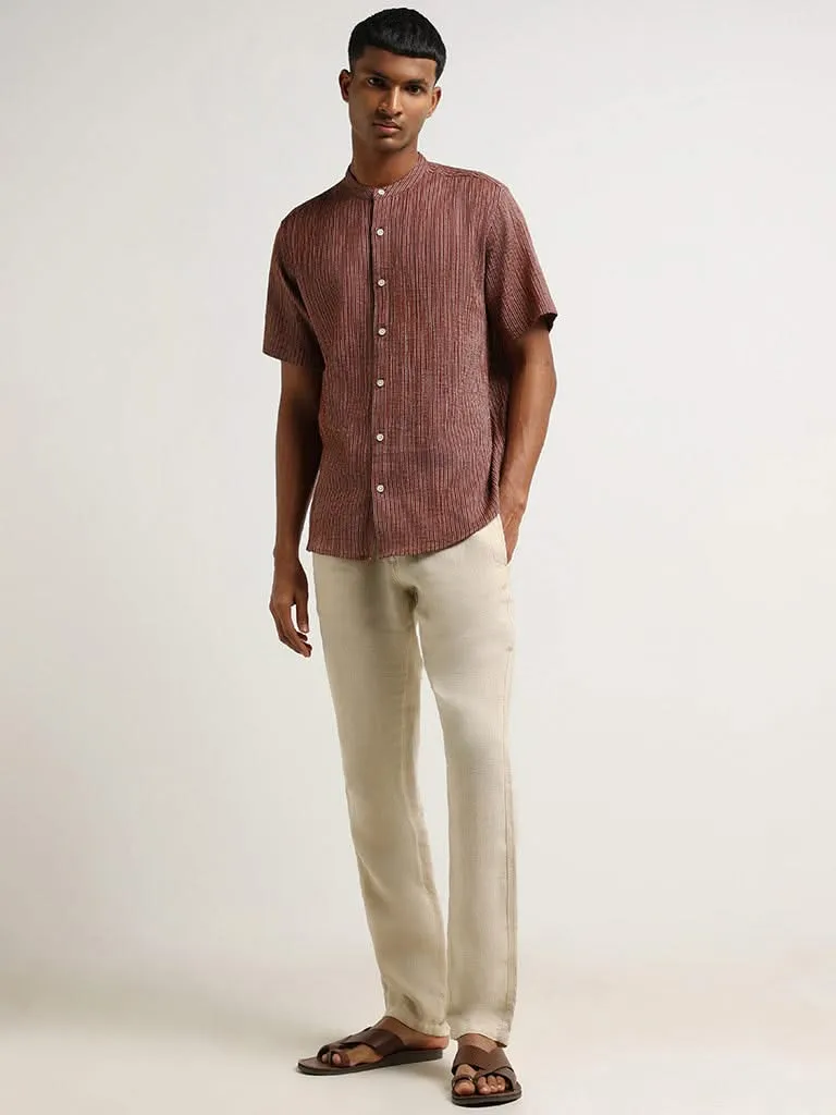 ETA Brown Striped Crinkled Cotton Resort Fit Shirt