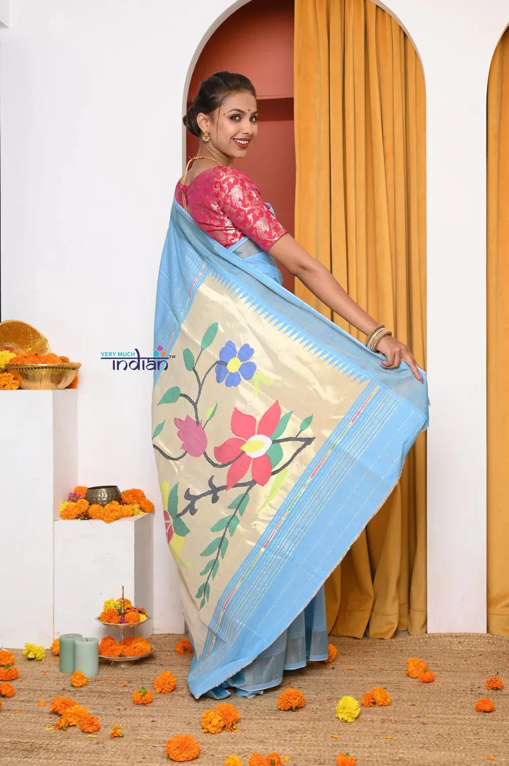 EXCLUSIVE! Traditional Handloom Powder Blue Cotton Paithani With Parrot Pallu