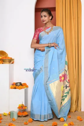 EXCLUSIVE! Traditional Handloom Powder Blue Cotton Paithani With Parrot Pallu