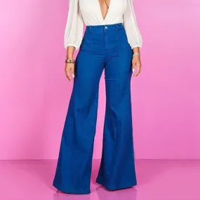 Fashion Denim Flare Pants Women Retro Jeans Wide Leg Trousers Lady Casual Bell-Bottoms Flare Pant Female