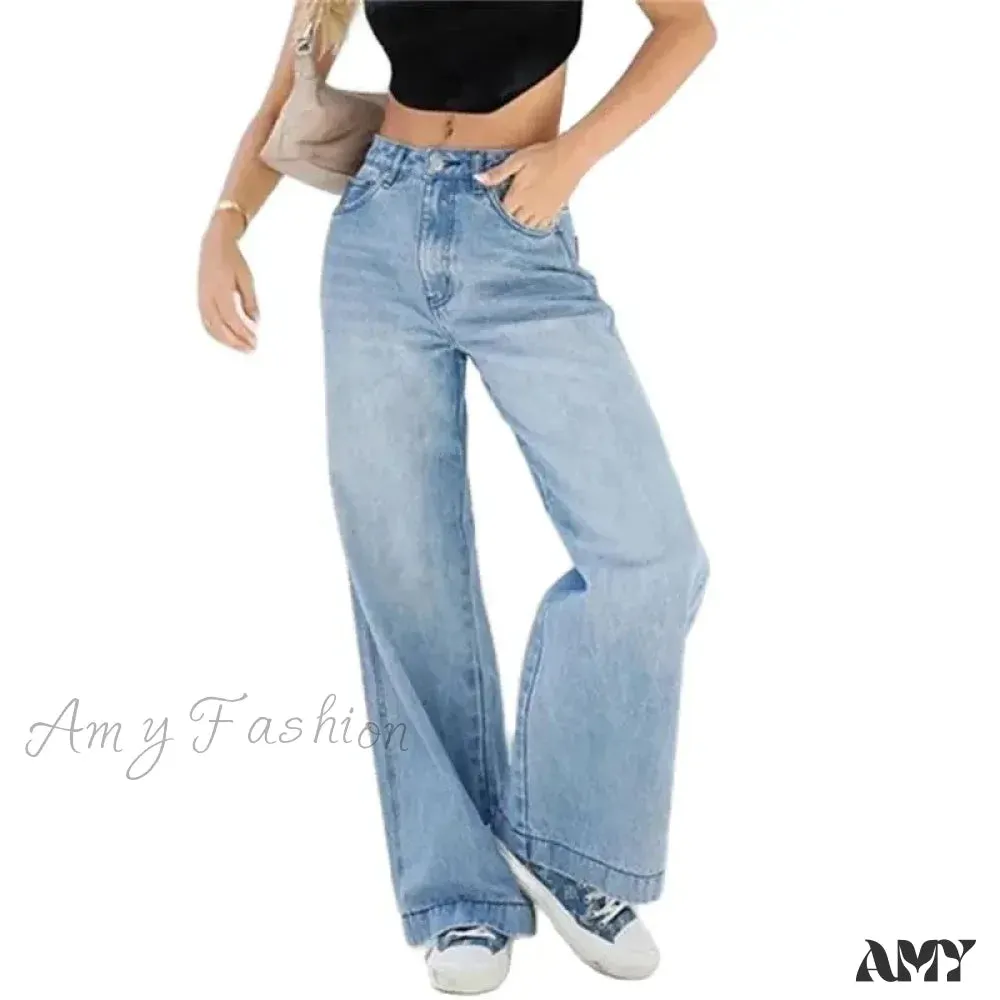 Fashion Loose Mid Waist Straight Daily Casual Commuter Denim High Street Wide Leg Jean