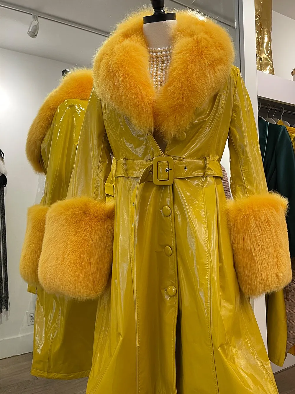 Faux Fur Genuine Patent Leather Coat in Yellow