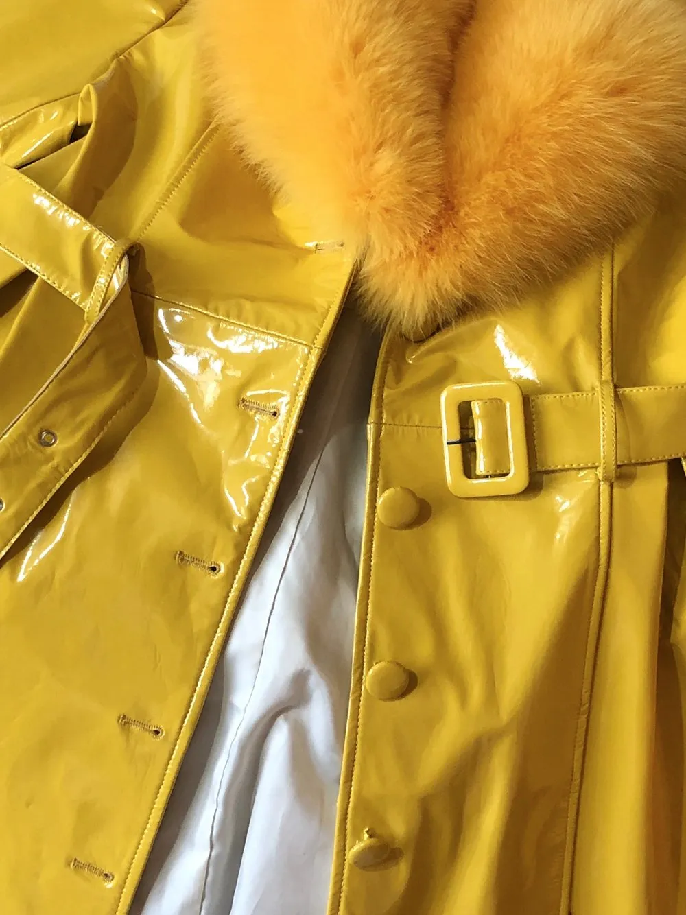 Faux Fur Genuine Patent Leather Coat in Yellow