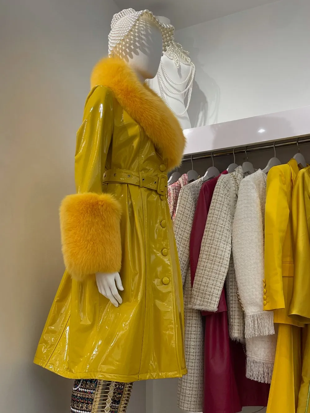 Faux Fur Genuine Patent Leather Coat in Yellow