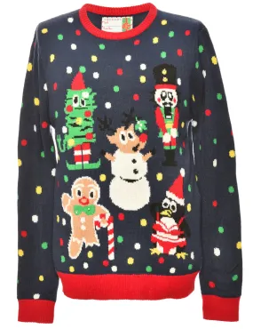 Festive Print Multi-Colour Christmas Jumper - L