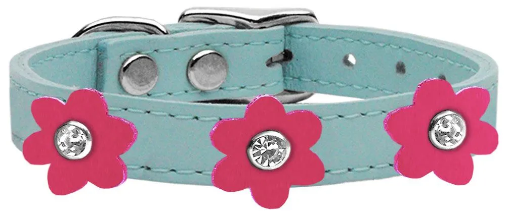 Flower Leather Collar Baby Blue With Pink Flowers Size 12