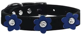 Flower Leather Collar Black With Blue Flowers Size 16