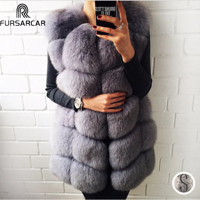 FURSARCAR Real Fox Fur Coat Women Winter Natrual Fur Genuine Leather Fur Vest Fashion Styles Female Silm Long Fox Fur Vest Coat