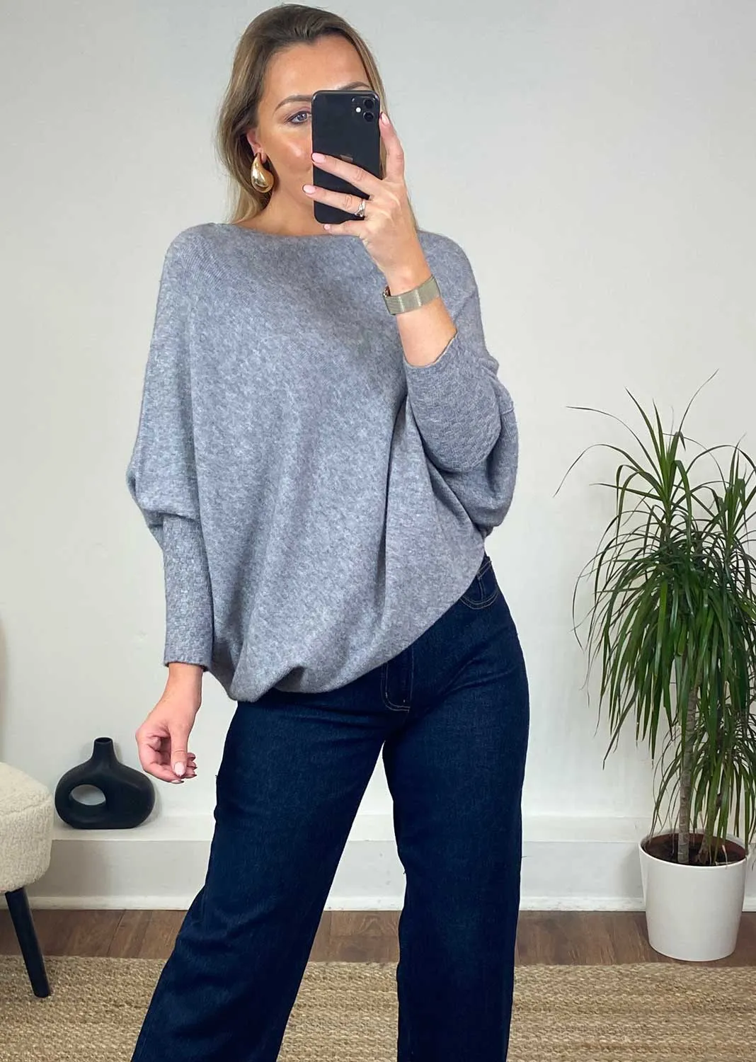 Grace Asymmetric Knit Jumper in Grey Marl