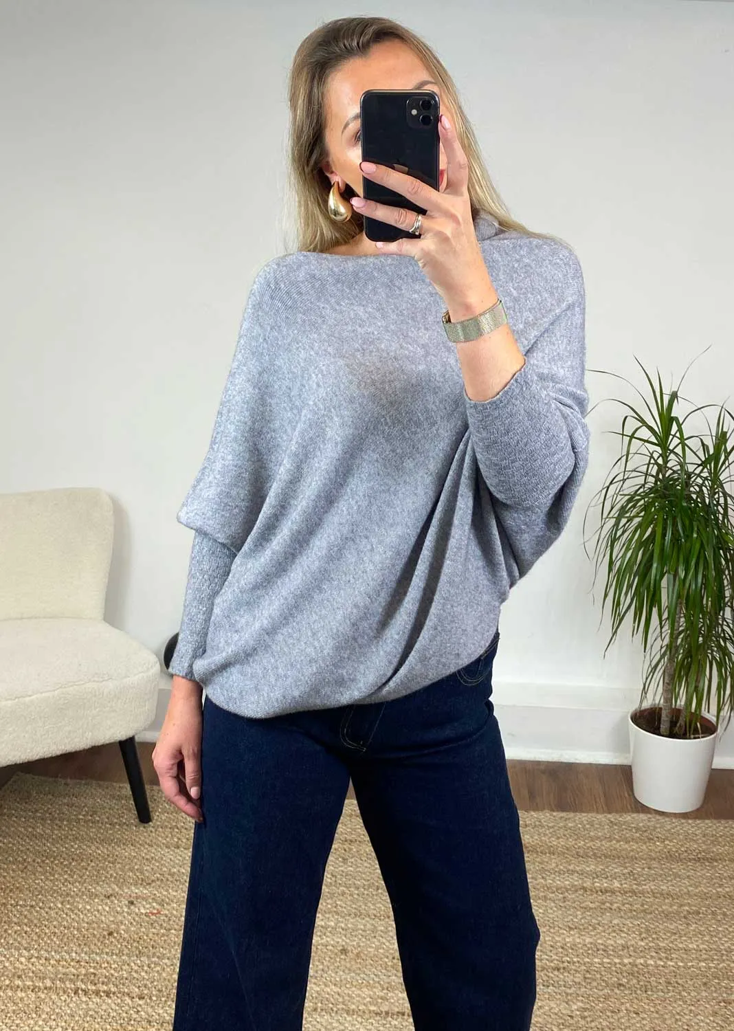 Grace Asymmetric Knit Jumper in Grey Marl