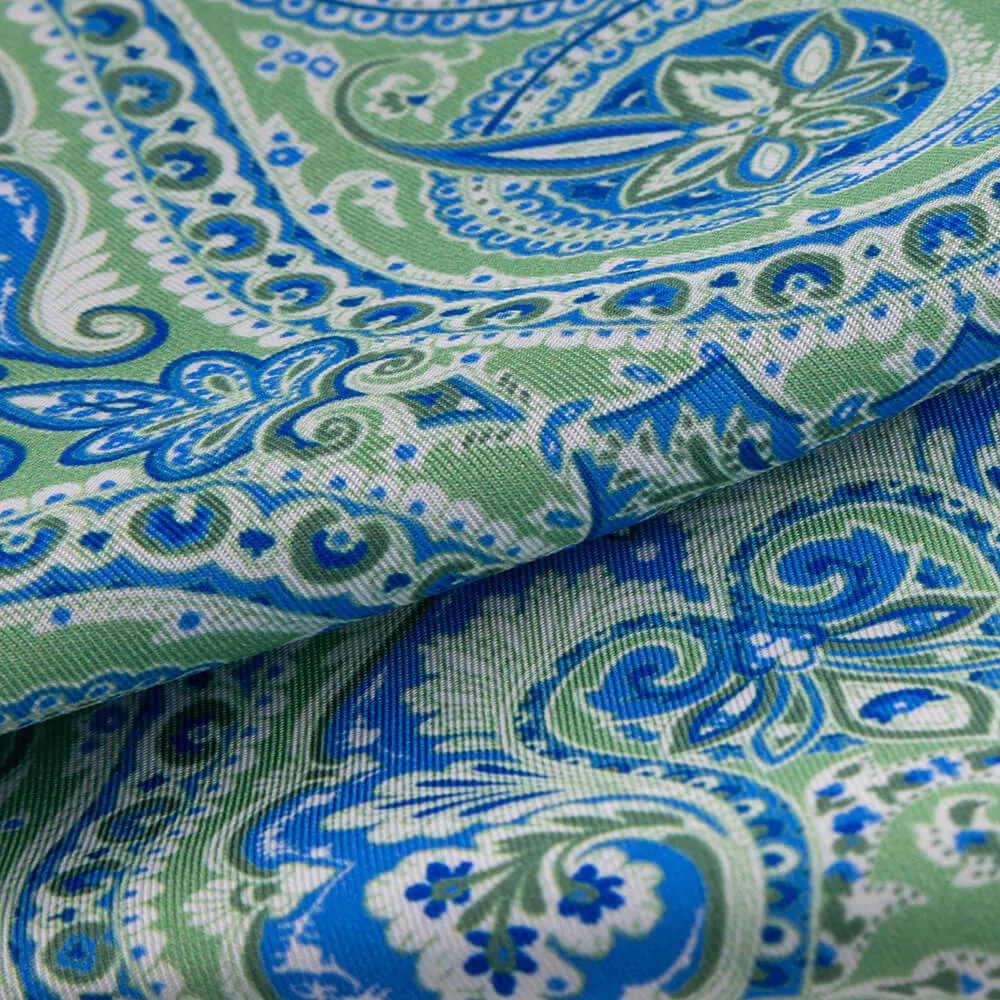 Green and Blue Paisley Twill Silk Pocket Square