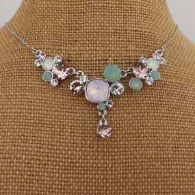 Green, Pink & Clear Faceted Crystal Silver Tone Collar Necklace