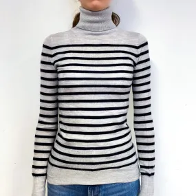 Grey Stripe Fine Knit Cashmere Polo Neck Jumper Extra Extra Small