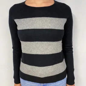 Grey Striped Cashmere Crew Neck Jumper Small