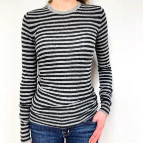 Grey Striped Lightweight Cashmere Crew Neck Jumper Extra Small