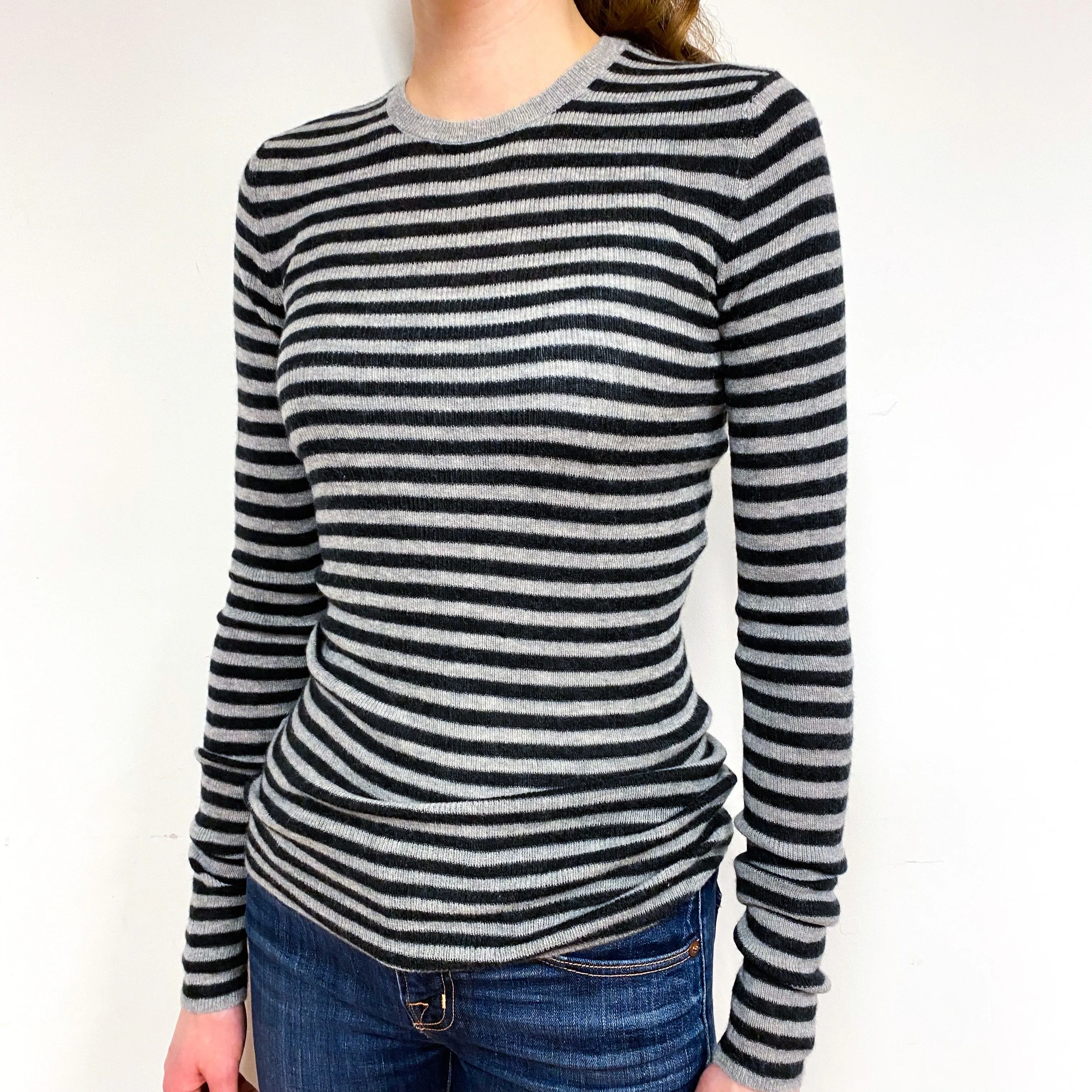 Grey Striped Lightweight Cashmere Crew Neck Jumper Extra Small