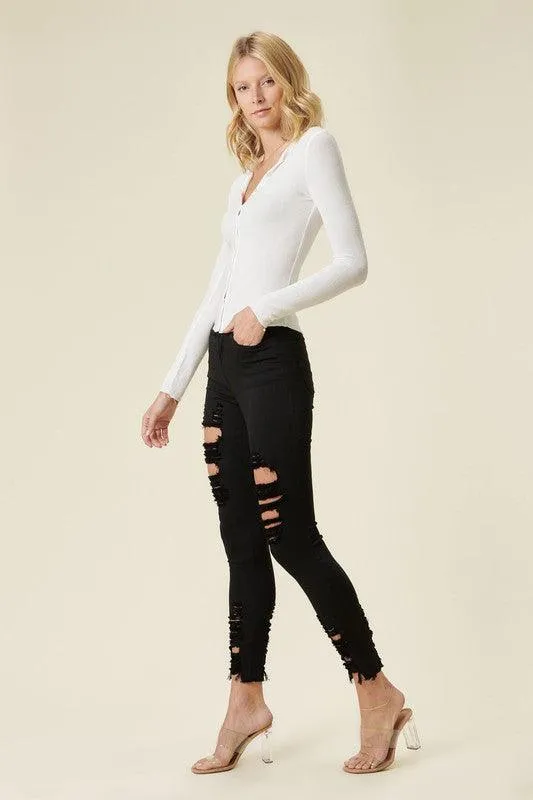 High Rise Distressed Skinny W Raw Hem