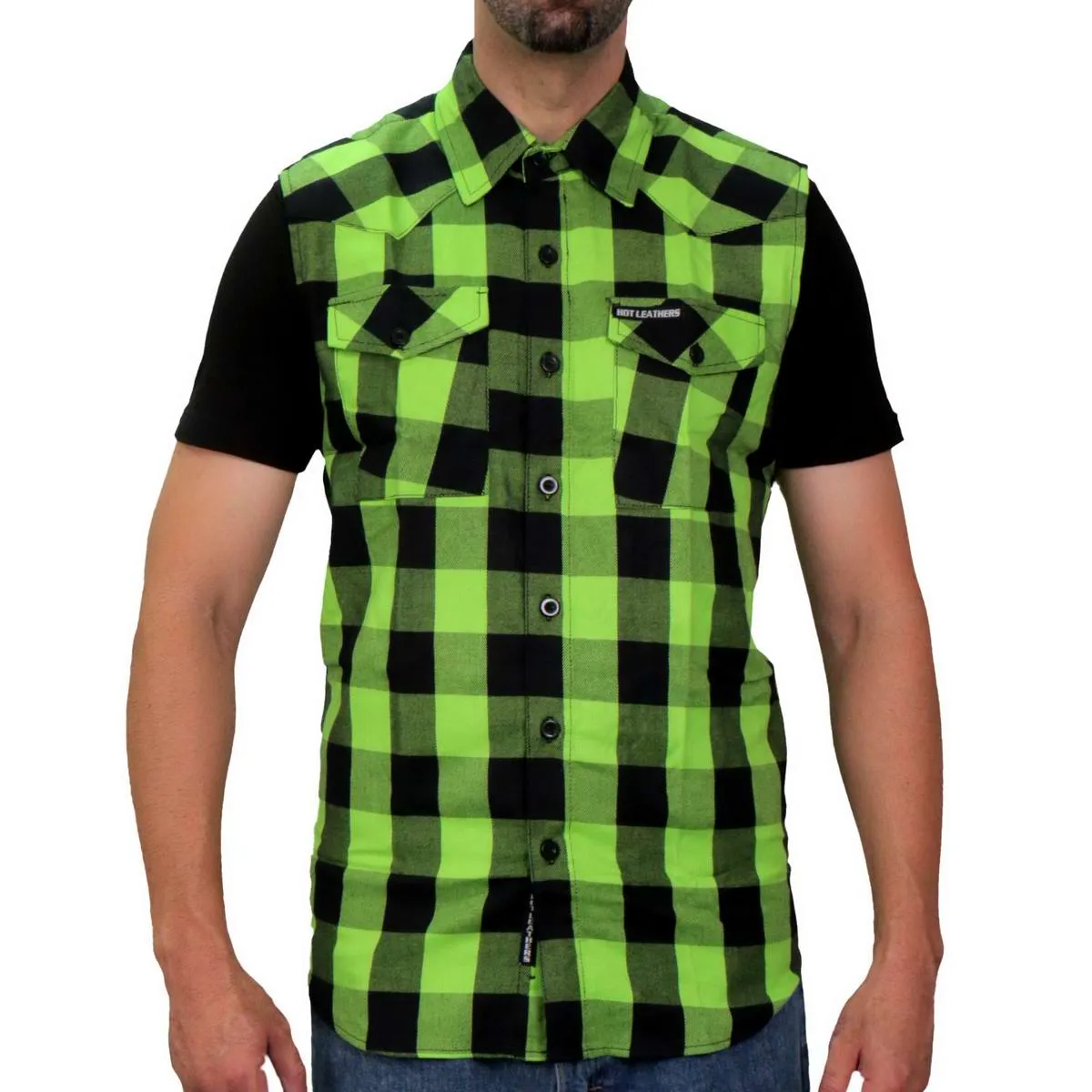 Hot Leathers FLM5002 Men’s Black and Green Sleeveless Cotton Flannel Shirt