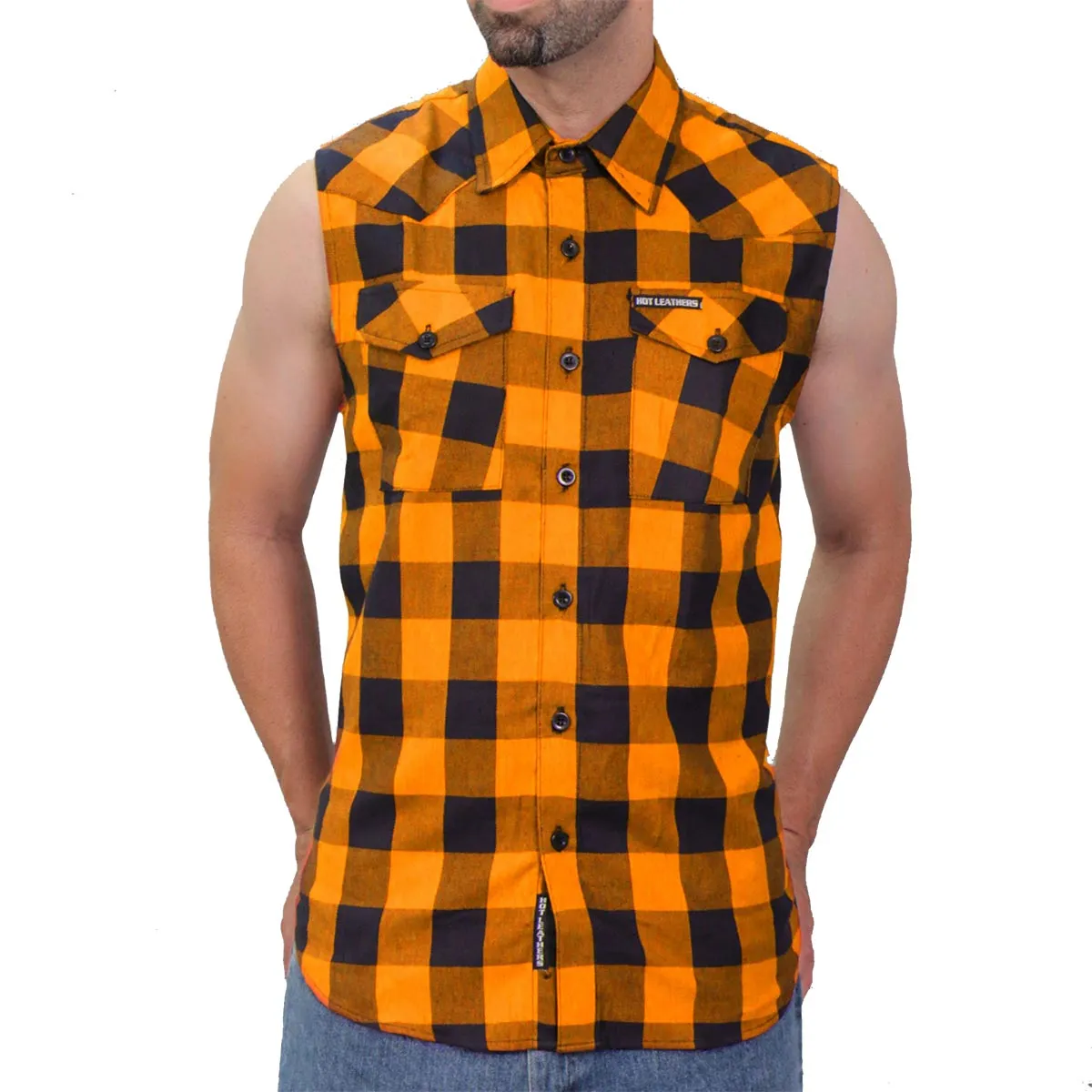 Hot Leathers FLM5003 Men’s Black and Orange Sleeveless Cotton Flannel Shirt