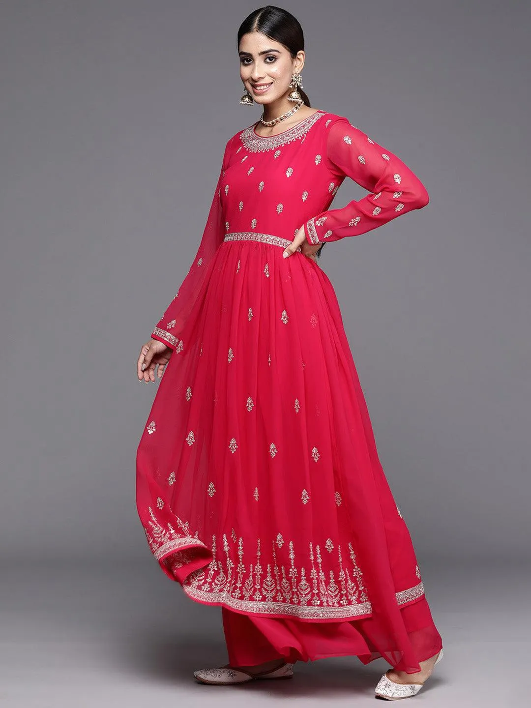 Hot Pink Embroidered Georgette A-Line Kurta With Palazzos & Dupatta