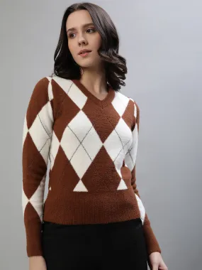 Iconic Women Checked Full Sleeves V Neck Sweater