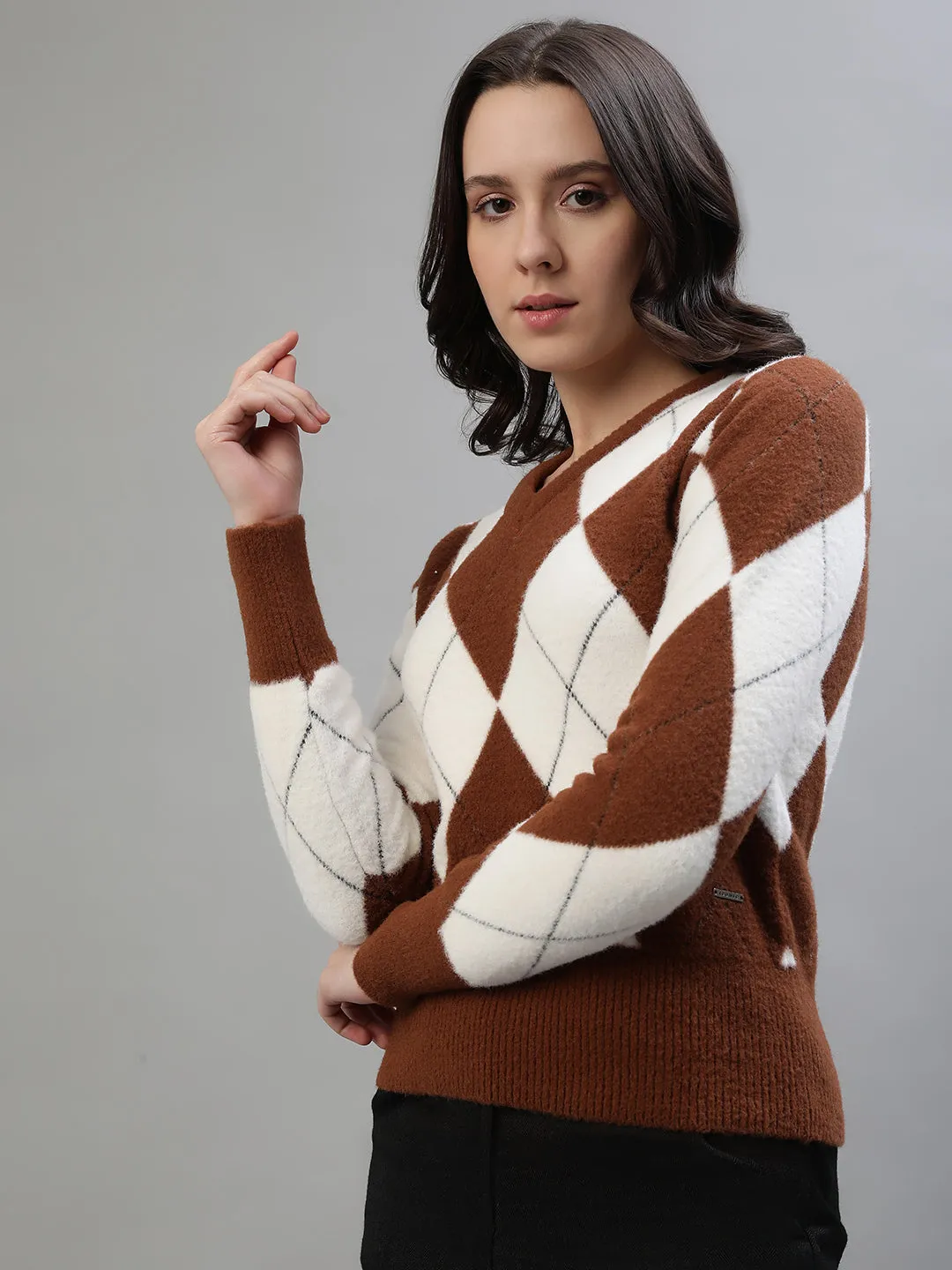 Iconic Women Checked Full Sleeves V Neck Sweater