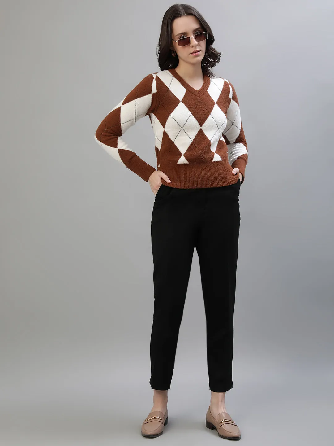 Iconic Women Checked Full Sleeves V Neck Sweater