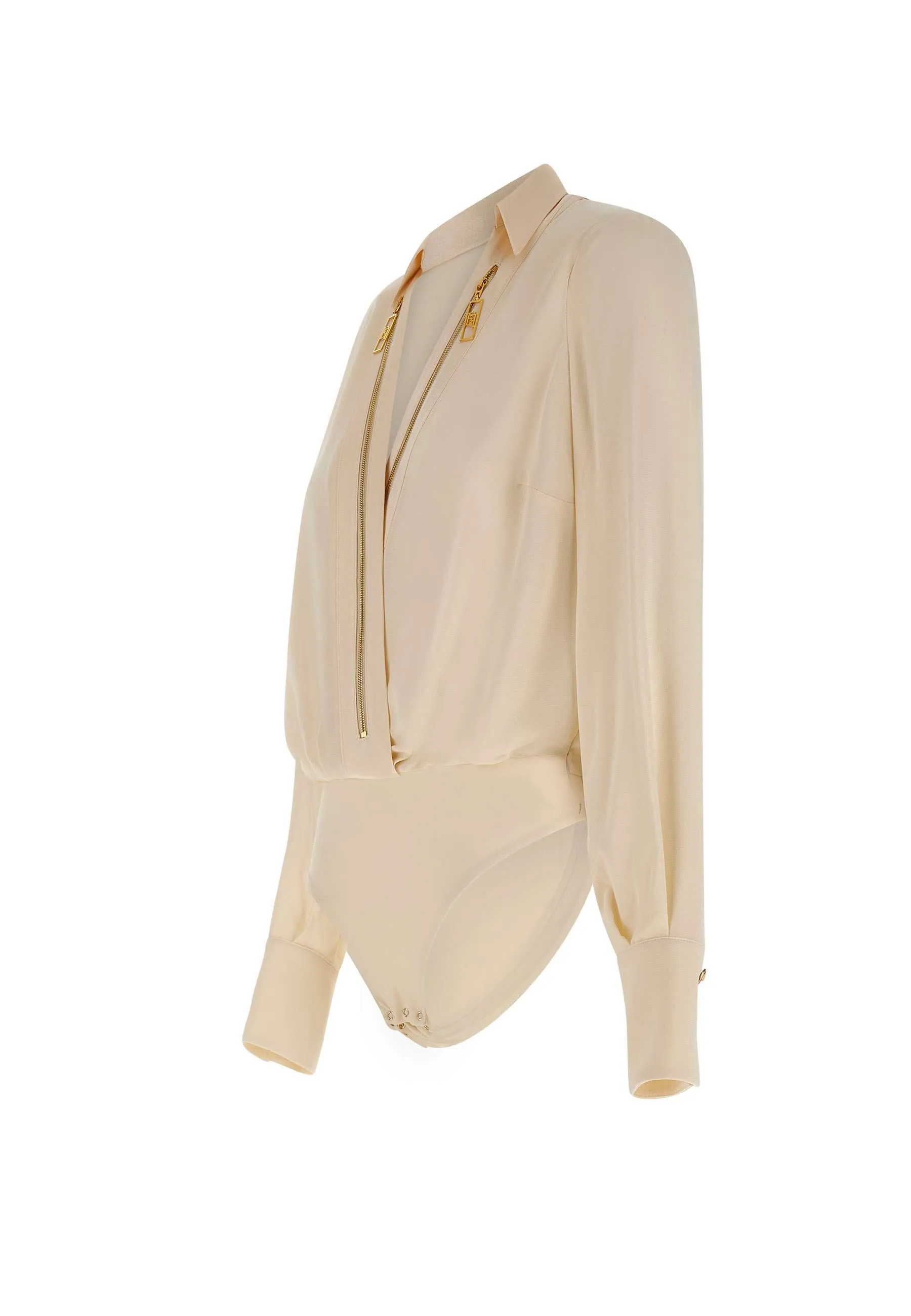 Ivory Shirt Design Bodysuit with Gold Zip