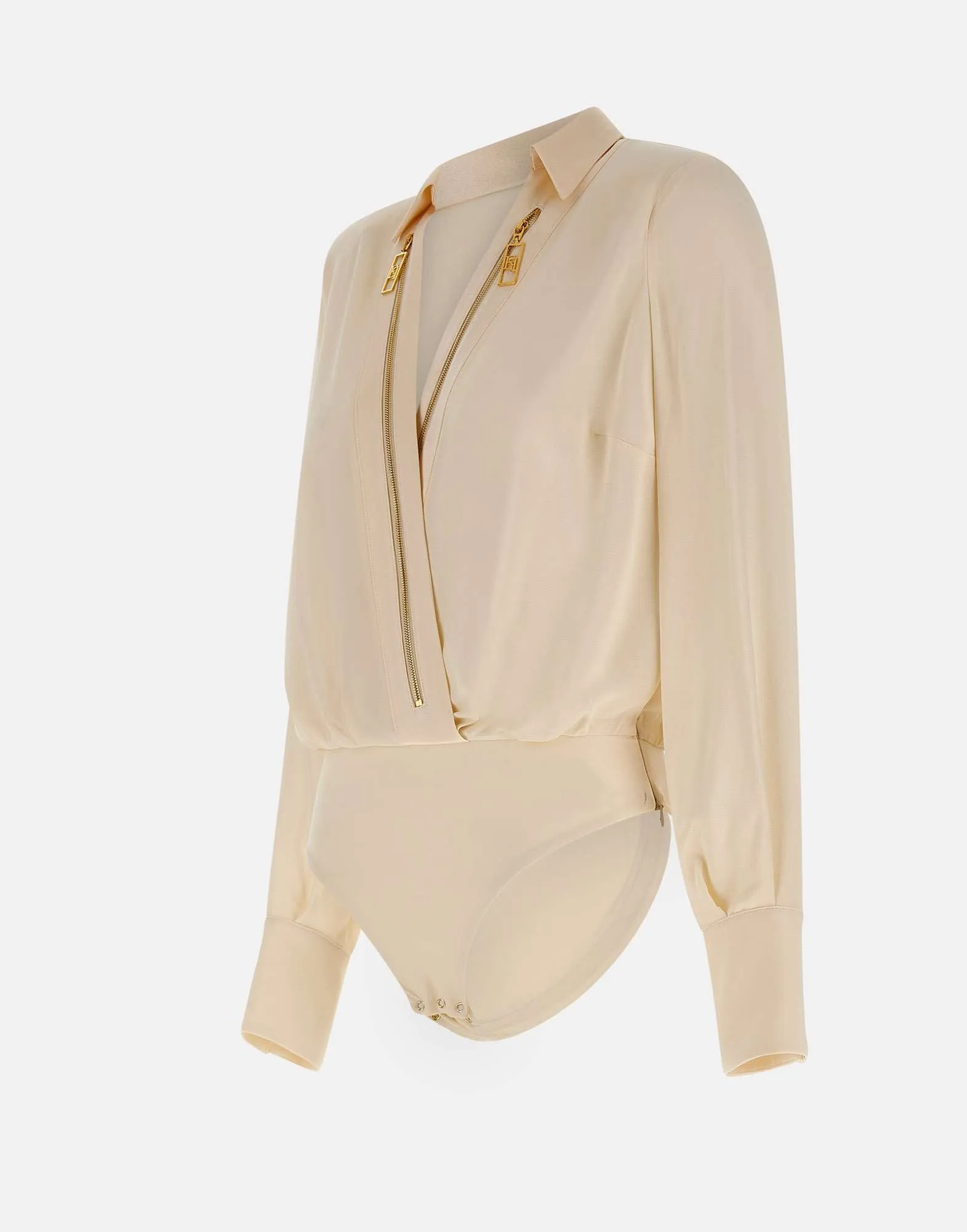 Ivory Shirt Design Bodysuit with Gold Zip