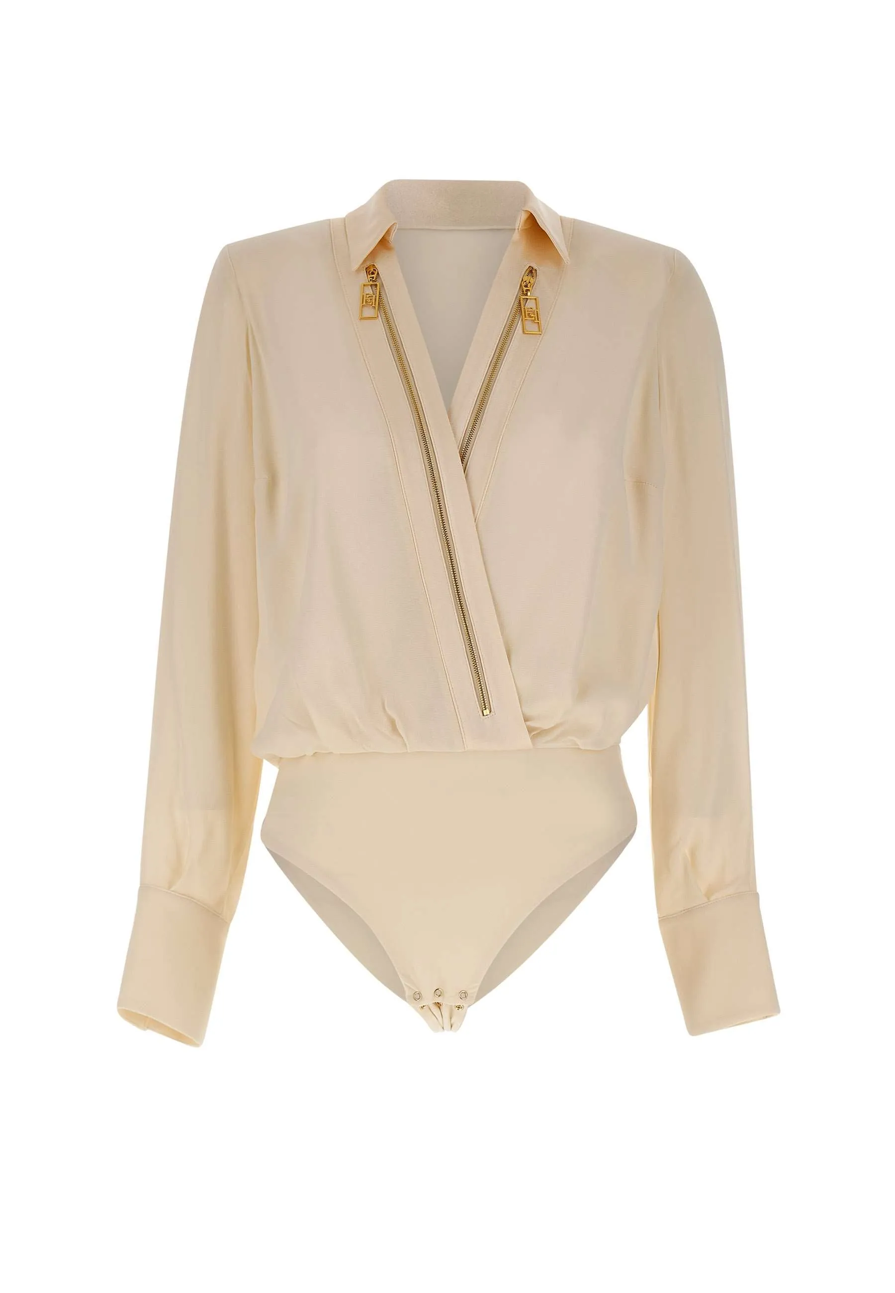 Ivory Shirt Design Bodysuit with Gold Zip