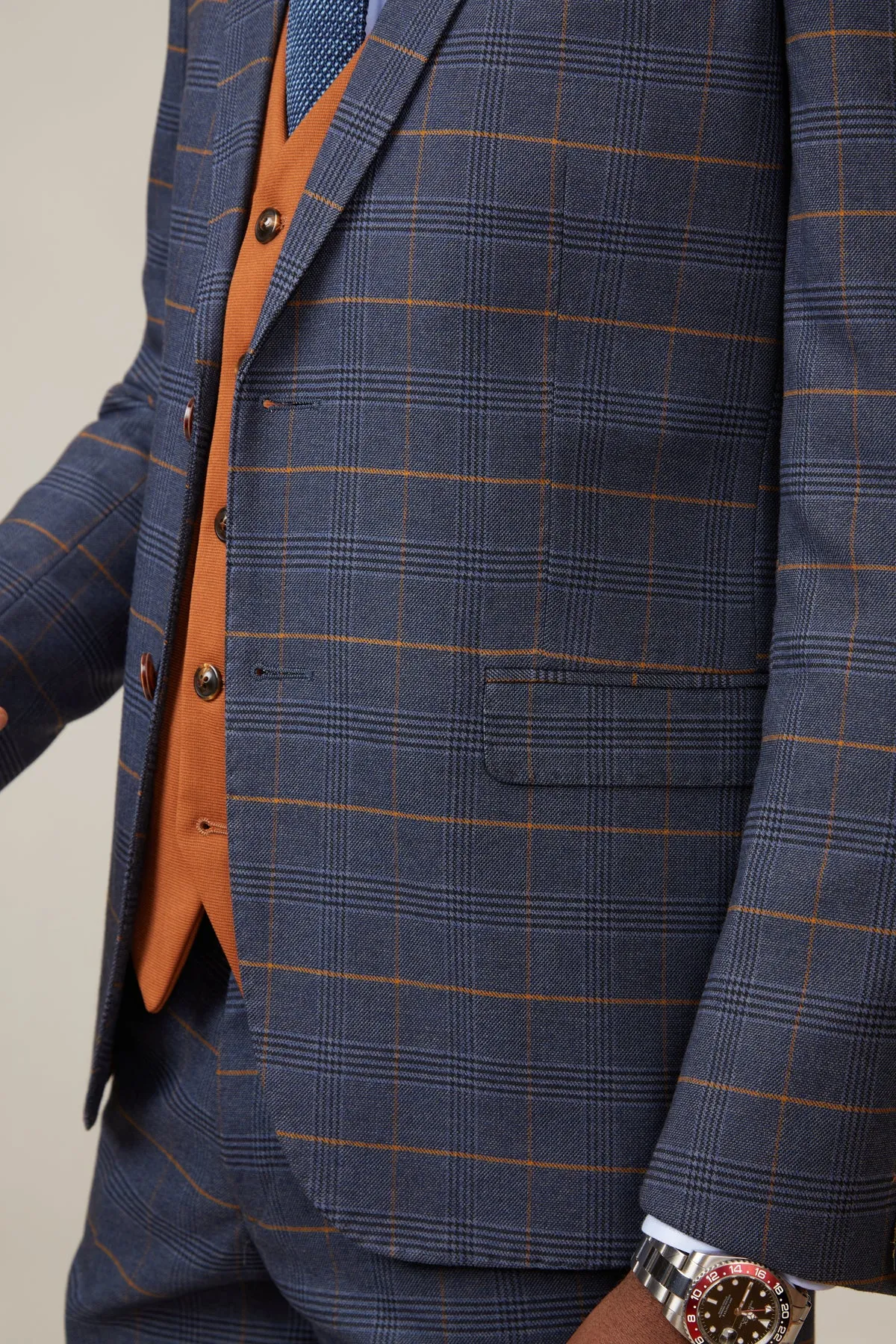 JENSON - Marine Navy Check Suit With Kelvin Tan Waistcoat