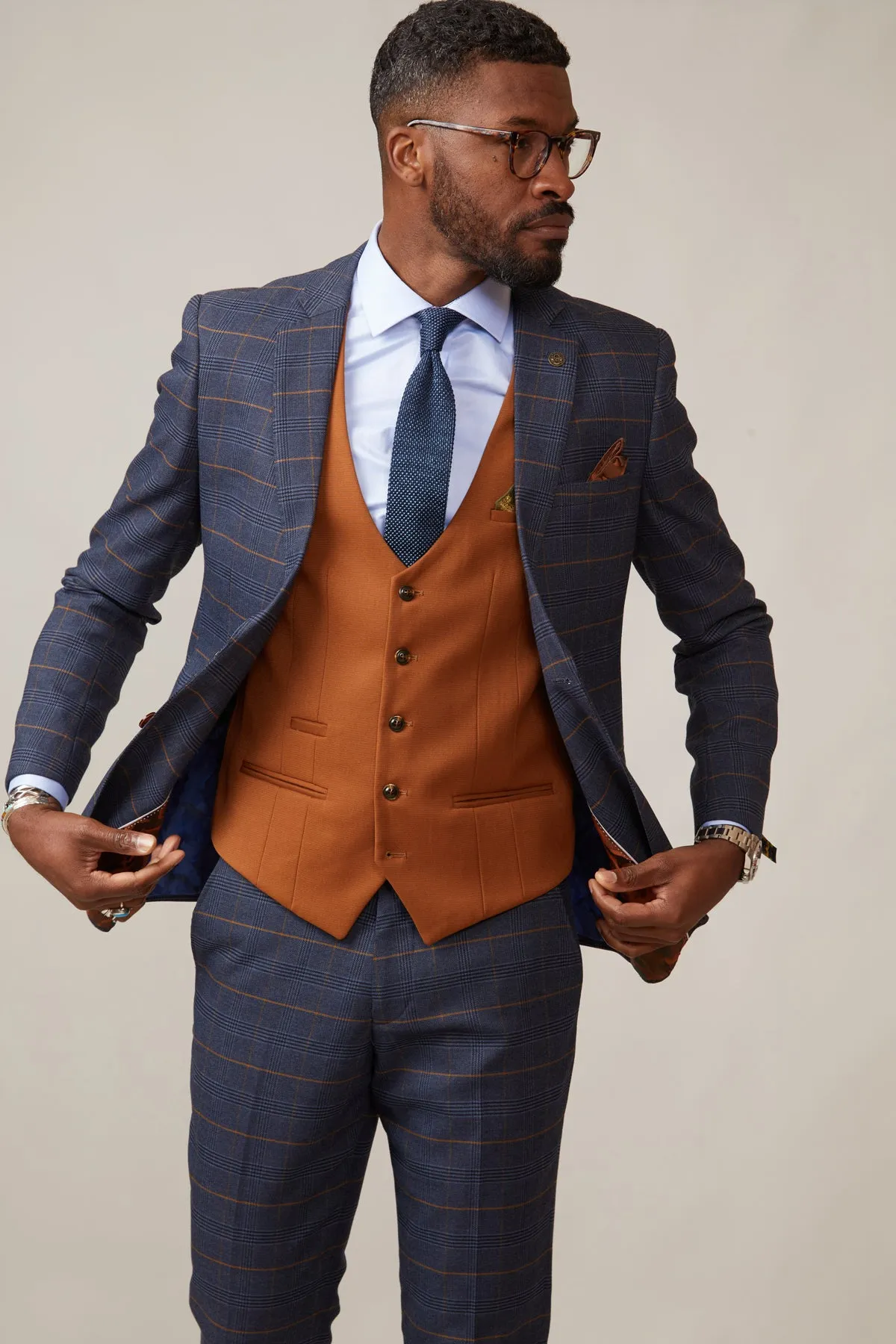 JENSON - Marine Navy Check Suit With Kelvin Tan Waistcoat