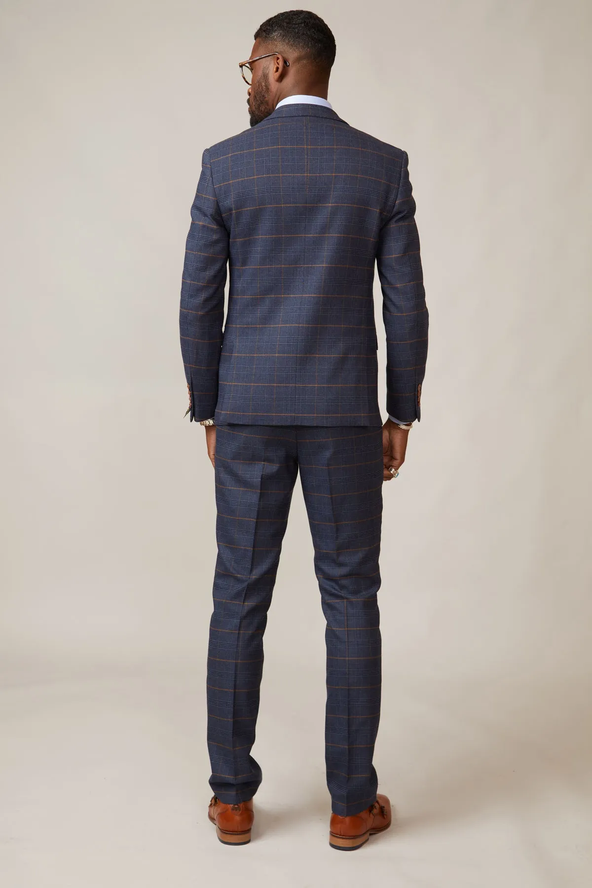 JENSON - Marine Navy Check Suit With Kelvin Tan Waistcoat